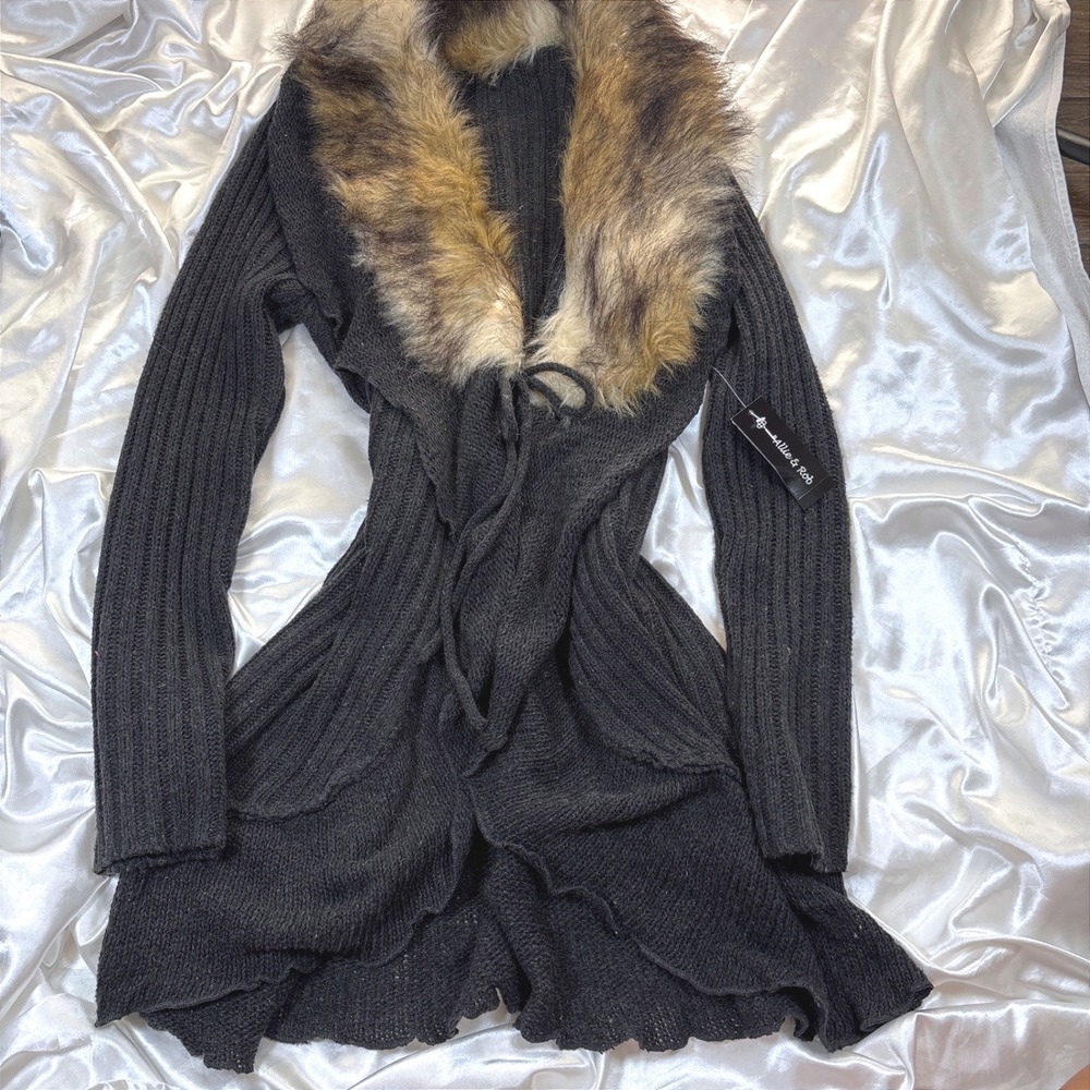 y2k Cardigan Black NWT Allie & Rob Faux Fur Collar Ruffle Ribbed Knit Sweater L
